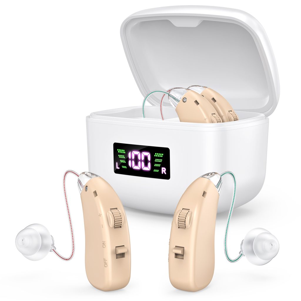 Rechargeable Behind-the-Ear Hearing Aids with Charging Case & LCD Display – Compact Sound Amplifier for Adults and Seniors (White Case, Skin Tone Device)