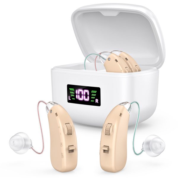 Rechargeable Behind-the-Ear Hearing Aids with Charging Case & LCD Display – Compact Sound Amplifier for Adults and Seniors (White Case, Skin Tone Device)