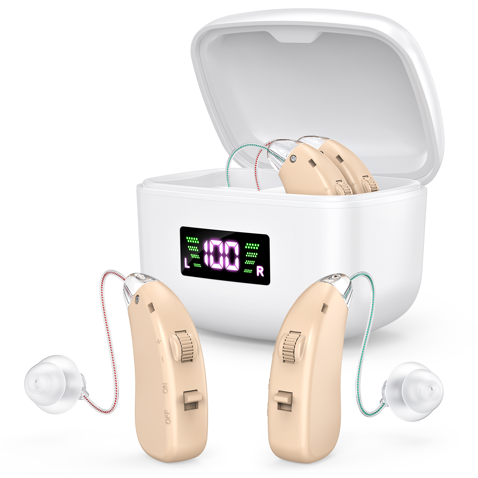 Rechargeable Behind-the-Ear Hearing Aids with Charging Case & LCD Display – Compact Sound Amplifier for Adults and Seniors (White Case, Skin Tone Device) - Image 1