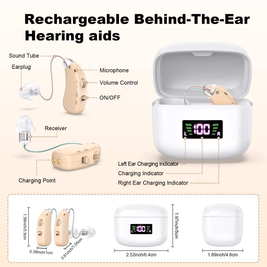 Rechargeable Behind-the-Ear Hearing Aids with Charging Case & LCD Display – Compact Sound Amplifier for Adults and Seniors (White Case, Skin Tone Device)