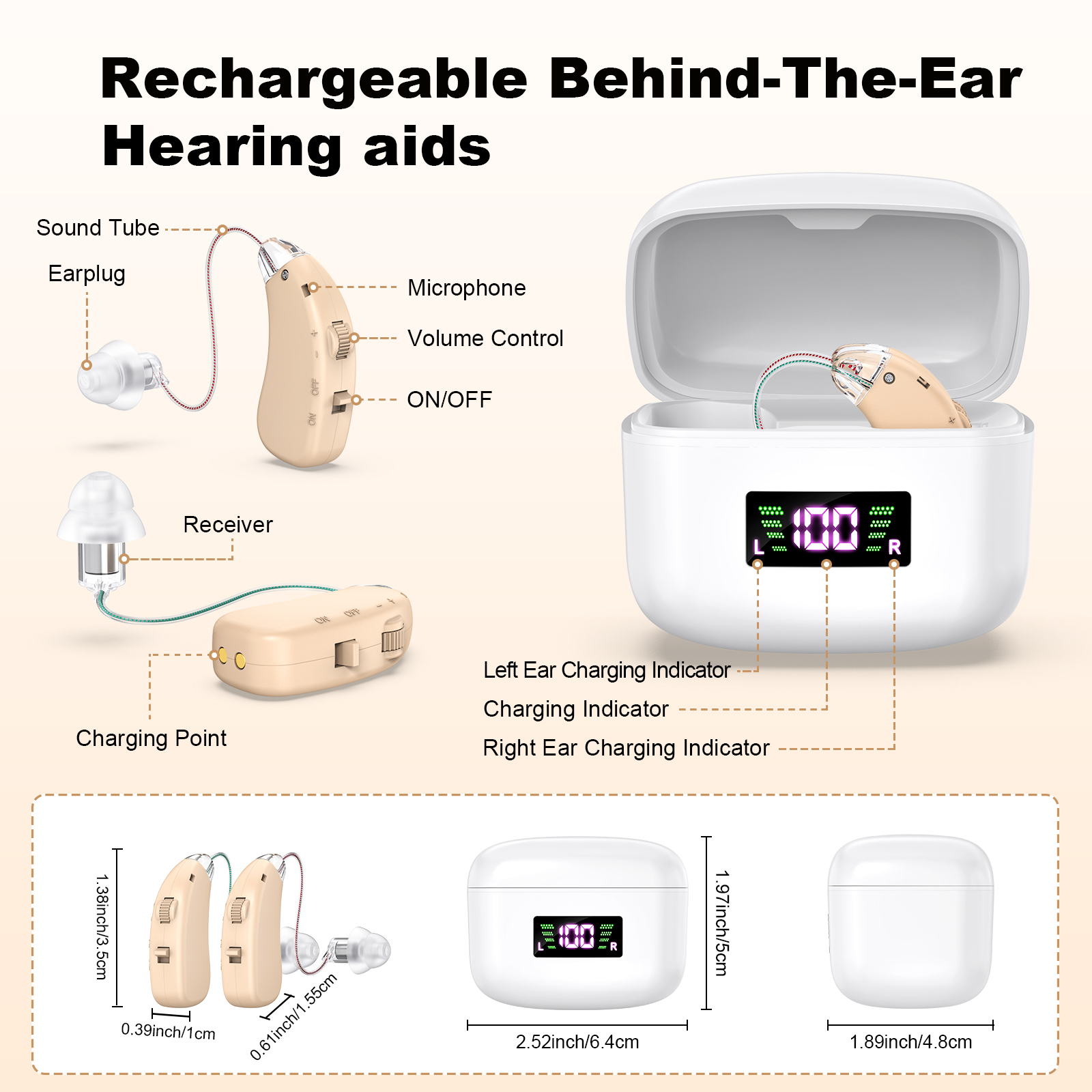 Rechargeable Behind-the-Ear Hearing Aids with Charging Case & LCD Display – Compact Sound Amplifier for Adults and Seniors (White Case, Skin Tone Device) - Image 2