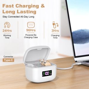 Rechargeable Behind-the-Ear Hearing Aids with Charging Case & LCD Display – Compact Sound Amplifier for Adults and Seniors (White Case, Skin Tone Device) - Image 3