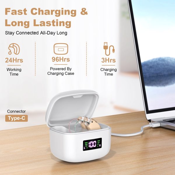 Rechargeable Behind-the-Ear Hearing Aids with Charging Case & LCD Display – Compact Sound Amplifier for Adults and Seniors (White Case, Skin Tone Device)