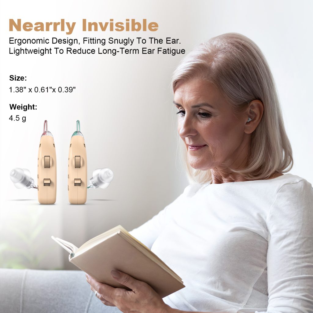 Rechargeable Behind-the-Ear Hearing Aids with Charging Case & LCD Display – Compact Sound Amplifier for Adults and Seniors (White Case, Skin Tone Device)