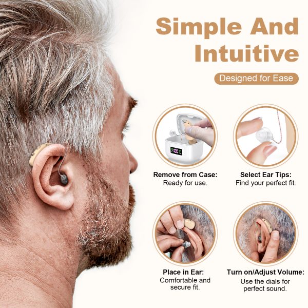 Rechargeable Behind-the-Ear Hearing Aids with Charging Case & LCD Display – Compact Sound Amplifier for Adults and Seniors (White Case, Skin Tone Device)