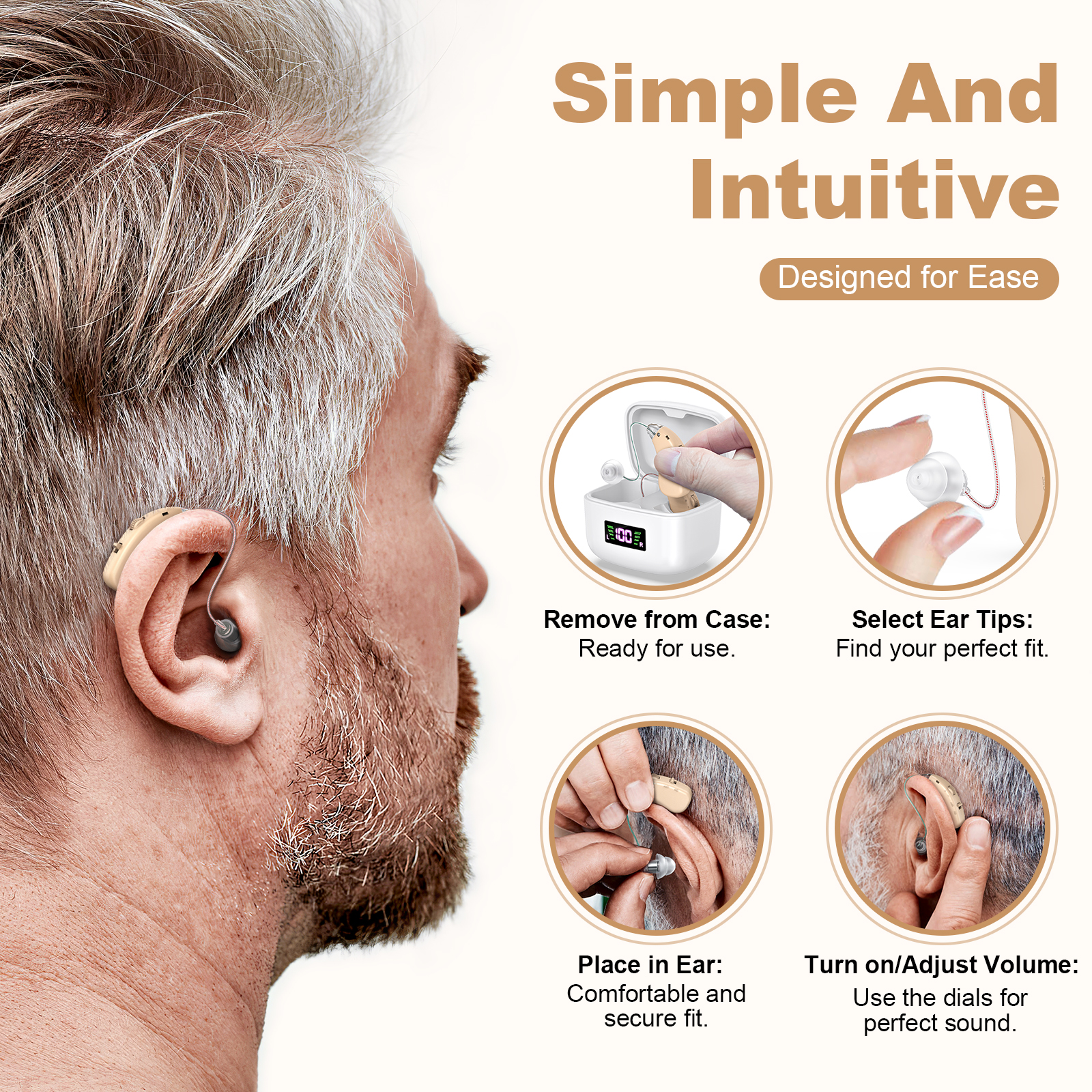 Rechargeable Behind-the-Ear Hearing Aids with Charging Case & LCD Display – Compact Sound Amplifier for Adults and Seniors (White Case, Skin Tone Device) - Image 5