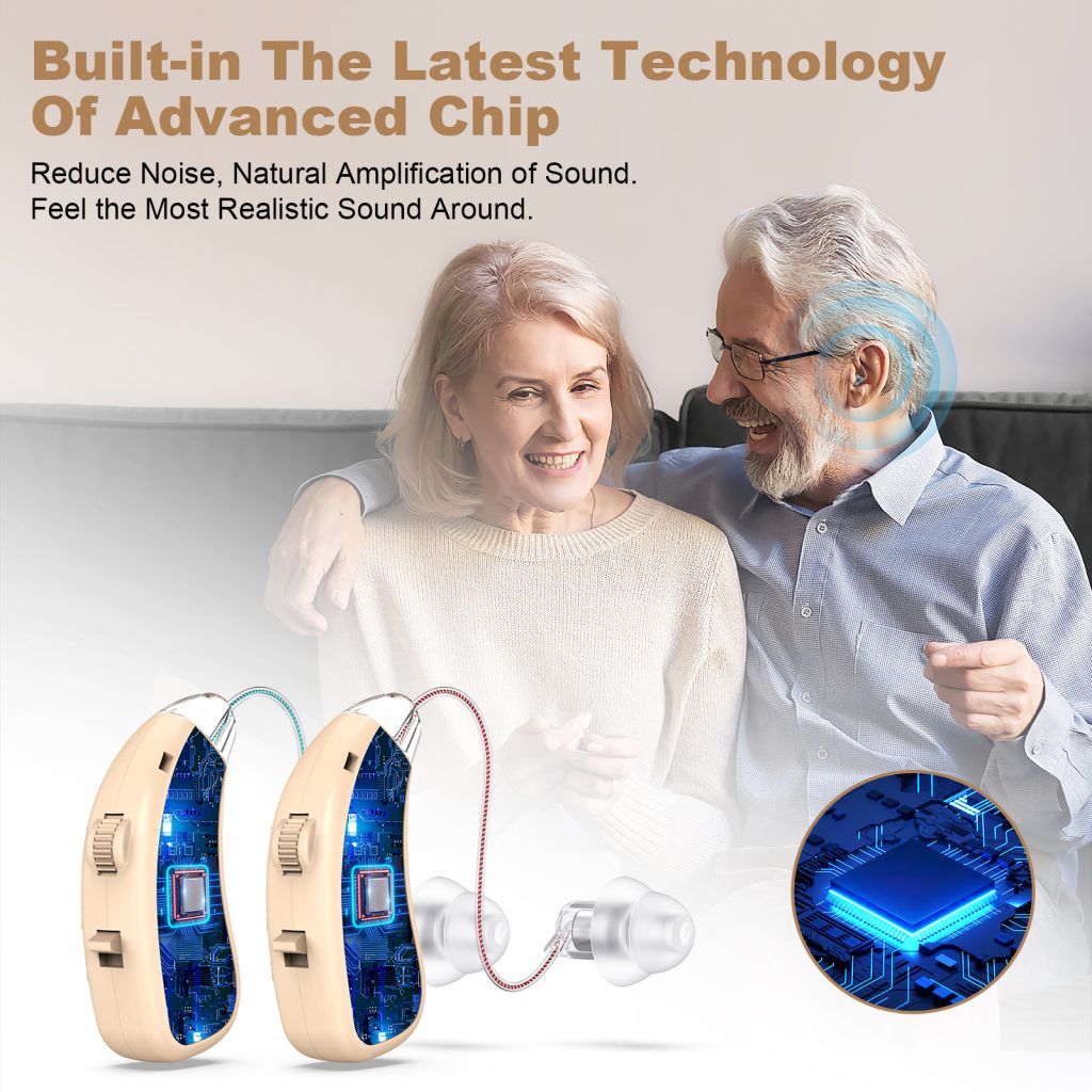 Rechargeable Behind-the-Ear Hearing Aids with Charging Case & LCD Display – Compact Sound Amplifier for Adults and Seniors (White Case, Skin Tone Device)