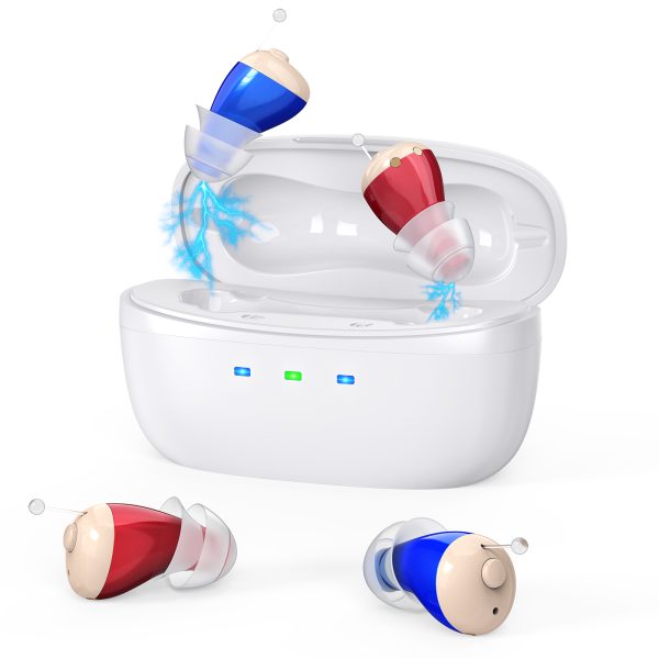 Rechargeable Behind-the-Ear Hearing Aids with Charging Case – Compact Sound Amplifier for Adults & Seniors with Memory Volume (White Case, Red & Blue Device)