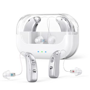 Rechargeable Hearing Amplifier with Charging Case – Compact Sound Enhancer for Daily Use, Noise Reduction & Clear Audio (White & Transparent Case, Silver Tone)