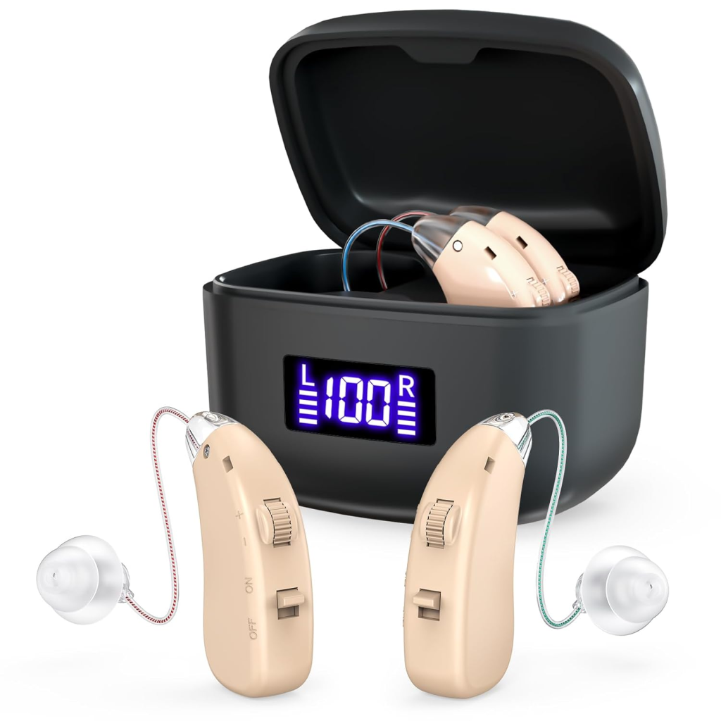 Rechargeable Behind-the-Ear Hearing Aids with Charging Case – Lightweight & Invisible Sound Amplifier for Seniors (Black Case, Skin Tone Device)