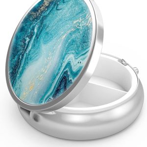 Pill Box - Three-Compartment Pill Box - Portable Pill Box - Fits in Pocket or Purse - Decorative Metal Medicine and Vitamin Storage Box - Unique Gift (Blue Quicksand)