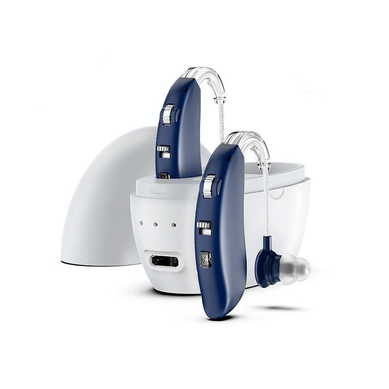 Rechargeable Hearing Aid Amplifier With Charging Pod Blue+White